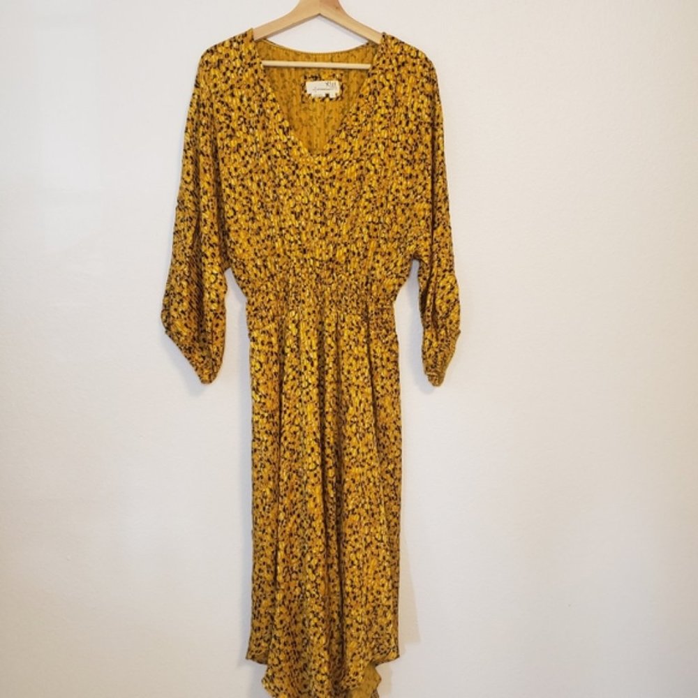 Anthropologie Marigold Smocked Waist Yellow 3/4 Sleeves Large V-neck Midi Dress - Picture 7 of 8